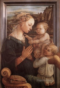 フラ・フィリッポ・リッピ Painting - マドンナと子供と二人の天使 1465年 ルネサンス フィリッポ・リッピ
